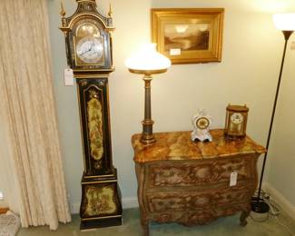 Grandfather Clock $420; John Widdicomb Chest $600