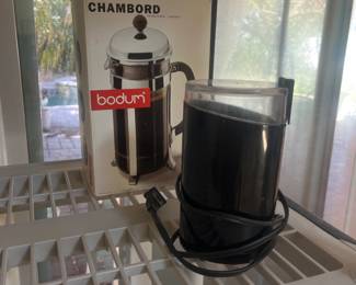 Coffee press, and bean grinder