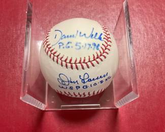 Yankees perfect game no hitter signed baseball by David Wells, and Don Larson