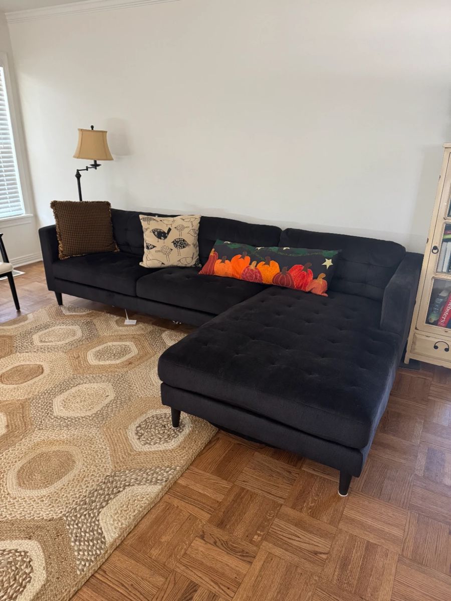 Navy Velveteen L-Shaped Couch and Rug