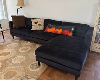 Navy Velveteen L-Shaped Couch and Rug