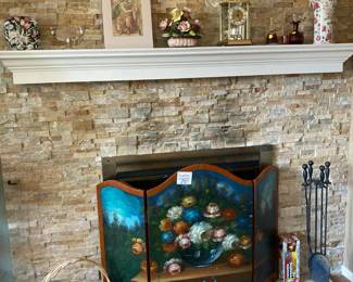 Painted fire place screen, fireplace tools