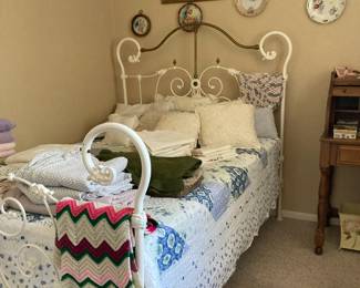 Iron full size bed, linens