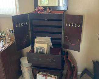 Jewelry cabinet, vintage photographs, scissor collection