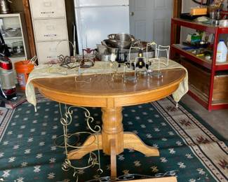 Round oak dining table, wall shelf, refrigerator, file cabinet