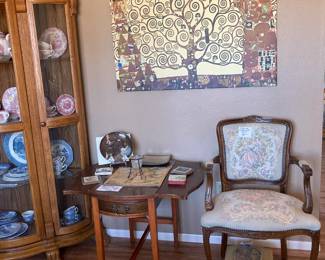 Drop leaf side table, vintage side chair, small foot stool, Kilmt reproduction "Tree of Life"