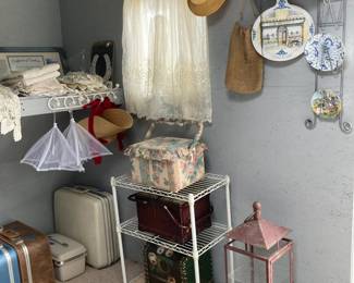 Sewing Baskets, hats and lace and Samsonite luggage