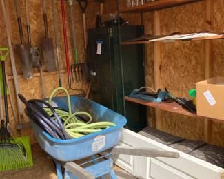 Garden tools, gun safe, wheelbarrow, hoses