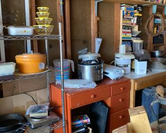 Desk, pans, skillets, knife holders, dishes