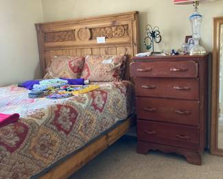 Queen wood bed and foot board, dresser, crystal lamp
