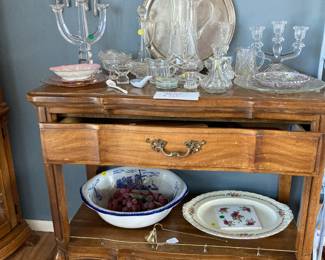 Serving cart with glass ware, spoon rack with spoons