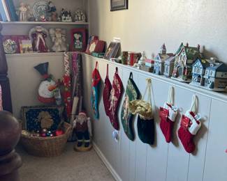 Christmas items, ornaments, stockings, Santas angels, wrapping paper candles, houses
