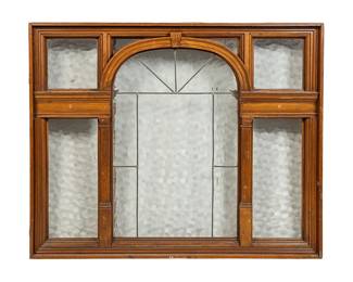 Vintage five-foot-wide vintage architectural window frame from the Spaghetti Warehouse (San Antonio, Texas), with some leading, in wooden frame