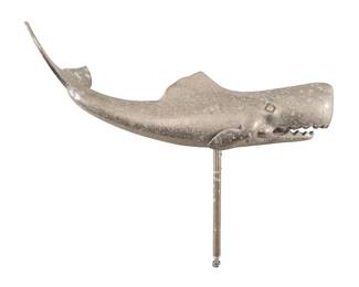Silver-toned metal weathervane depicting whale, 20th century