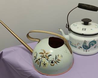 Swedish enamelware teapot, Ohio art watering can