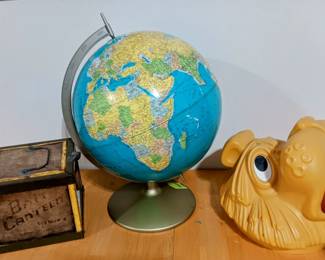 Vintage globe, lion head trash can cover, Bait box