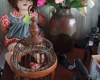 Century dolls, Vintage crock, birdcage