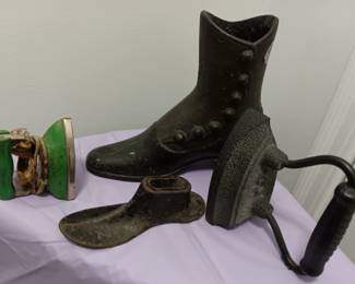 Child's electric iron, Cast iron shoe mold, Sad iron, Cast iron Victorian boot