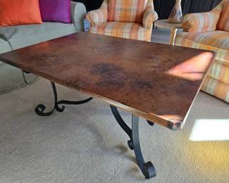 Hand Hammered Copper Top Coffee Table with Wrought Iron Base