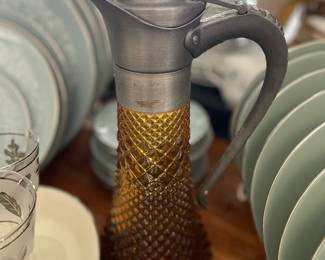 Antique Diamond Pattern Pressed Amber Glass Ewer Pitcher with Pewter Lid and Handle