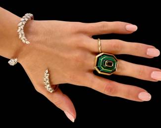 Neiman Marcus 18k white gold diamond bracelet with thumb cuff and 18k malachite ring