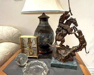 Mid-Century side table, antique cloisonné lamp, mid-century clock, Remington bronze