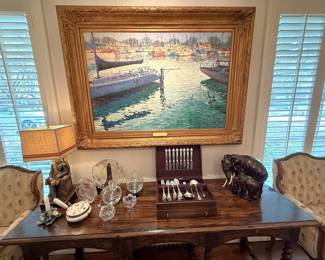 Barley twist console table, military lamp, Georg Jensen “Rosenborg” flatware, Sun Yan oil on canvas