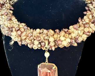Real pearls with large faux amethyst pendant. This piece is special!