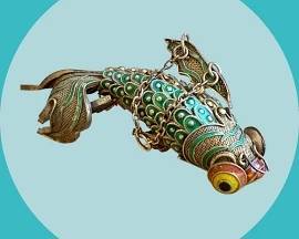 Antique Chinese very large silver cloisonné hinged Koi fish