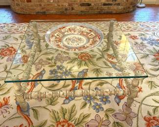 Square coffee table with painted barley twist legs and 1” glass top