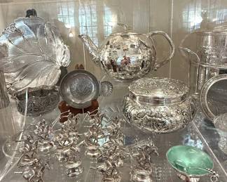 Sterling place card holders, sterling French box, Michael Aram tea pitcher