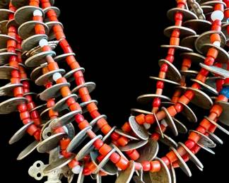 Antique Ecuadorean silver coin and coral multi-strand necklace
