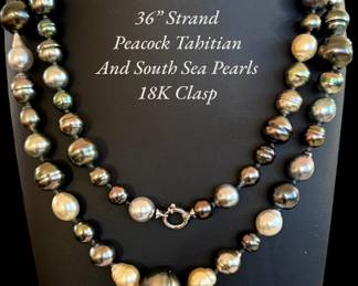 36” strand Peacock Tahitian and South Sea pearl necklace with 18k white gold clasp