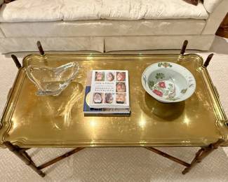 Yale Berge Hollywood Regency faux bamboo coffee table with brass tray top. THIS COFFEE TABLE IS GREAT!
