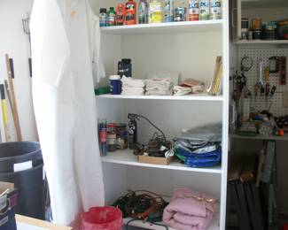 PAINT SUIT, EXTENTION CORDS, SHOP RAGS, PAINT, GARBAGE CANS