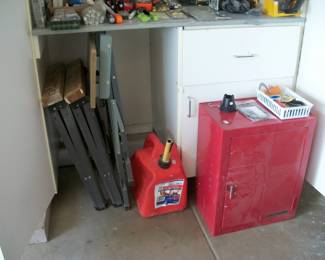 SAW HORSES, WORKMATE, GAS CAN, SMALL CABINET