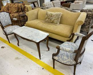 camel back sofa - Sold, marble top coffee table, 
pair of chairs-Sold