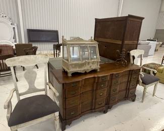 Century double dresser - Sold, pair of painted arm chairs, 
terrarium-sold