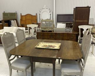 Drop leaf dining table, 4 cane back side chairs