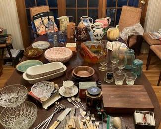 Pitchers, Rebecca at the Well Bennington pitcher with lid, bone-handled flatware, etched glass bowls, cutting board, casserole dishes, glassware, antique mason jars