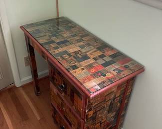 Desk decorated with vintage matchbook covers