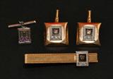 30 YEAR SET: DIAMONDS & GOLD --FROM THE ESTATE OF R. L. TERRELL - GENERAL MOTORS EXECUTIVE. VICE-CHAIRMAN. [CUFF LINKS & TIE TACK - 18 K W/ 3 DIAMONDS EACH]