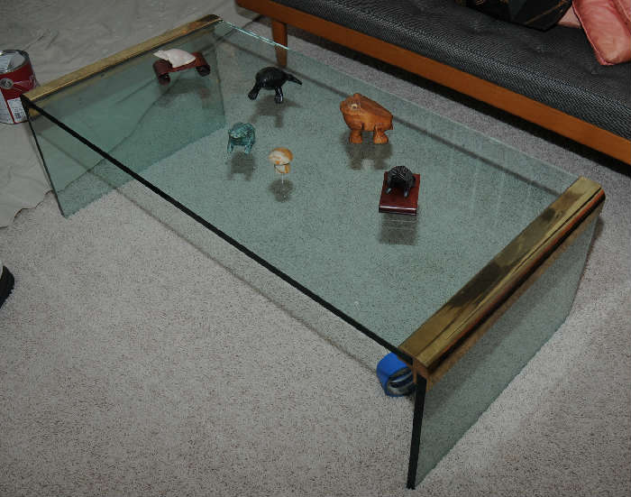 "PACE COLLECTION" COFFEE TABLE: 1970's ~ 3/4" THICK GLASS TOP AND SIDES WITH BRASS ENDS.