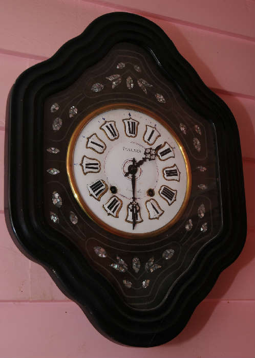 ANTIQUE CLOCKS INCLUDING FRENCH WALL CLOCK AND AMERICAN OG CLOCK