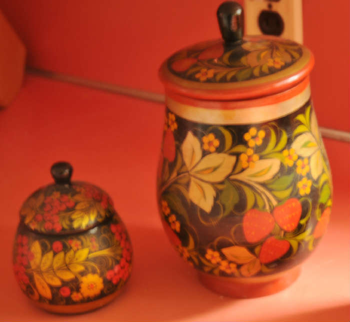 RUSSIAN PAINTED WOOD OBJECTS ~ PAINTED CANISTERS