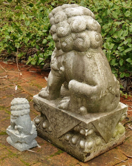 TWO PAIRS OF FU [FOO] CHINESE GUARDIAN LIONS [SHISHI] ~ FOO DOGS~ FROM BEIJING

LARGER OF TWO IS OUTDOORS AND SMALLER IS ON MANTLE IN HOUSE