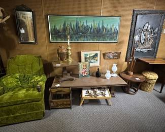 Coat Rack; Cowboy Hats; MCM Green Velour Chair; Matching Coffee Table & End Table; MCM Round Side Table; MCM Wooden Table Lamp; Wooden Magazine Rack; MCM Eden Wide Eyed Girl Picture; Vintage Singer Sewing Machine and Cabinet; Vintage Mirror