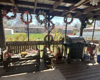 Wooden Porch Glider; Wreaths; Chiminea; Brinkmanship Gas Grill; Propane Tank; Brinkmanship Electric Smoker; Glass Top Patio Table & 4 Chairs; Coleman & Igloo Coolers; Lawn Chairs; Wooden Rocking Chair