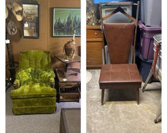 MCM Green Velour Like Chair; Vintage Gentleman's Butler Valet Bench