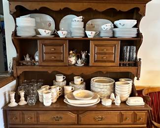 Ballman / Cummings China Cabinet; Hutschenreuther Selb Bavaria Germany Pasco American Beauty China Set; Pfaltzgraff Remembrance Dinnerware Set; Rae Dunn Mug & Clock; China Tea SetPioneer Woman Mug; MCM Libbey Glass Co. Prado Glasses